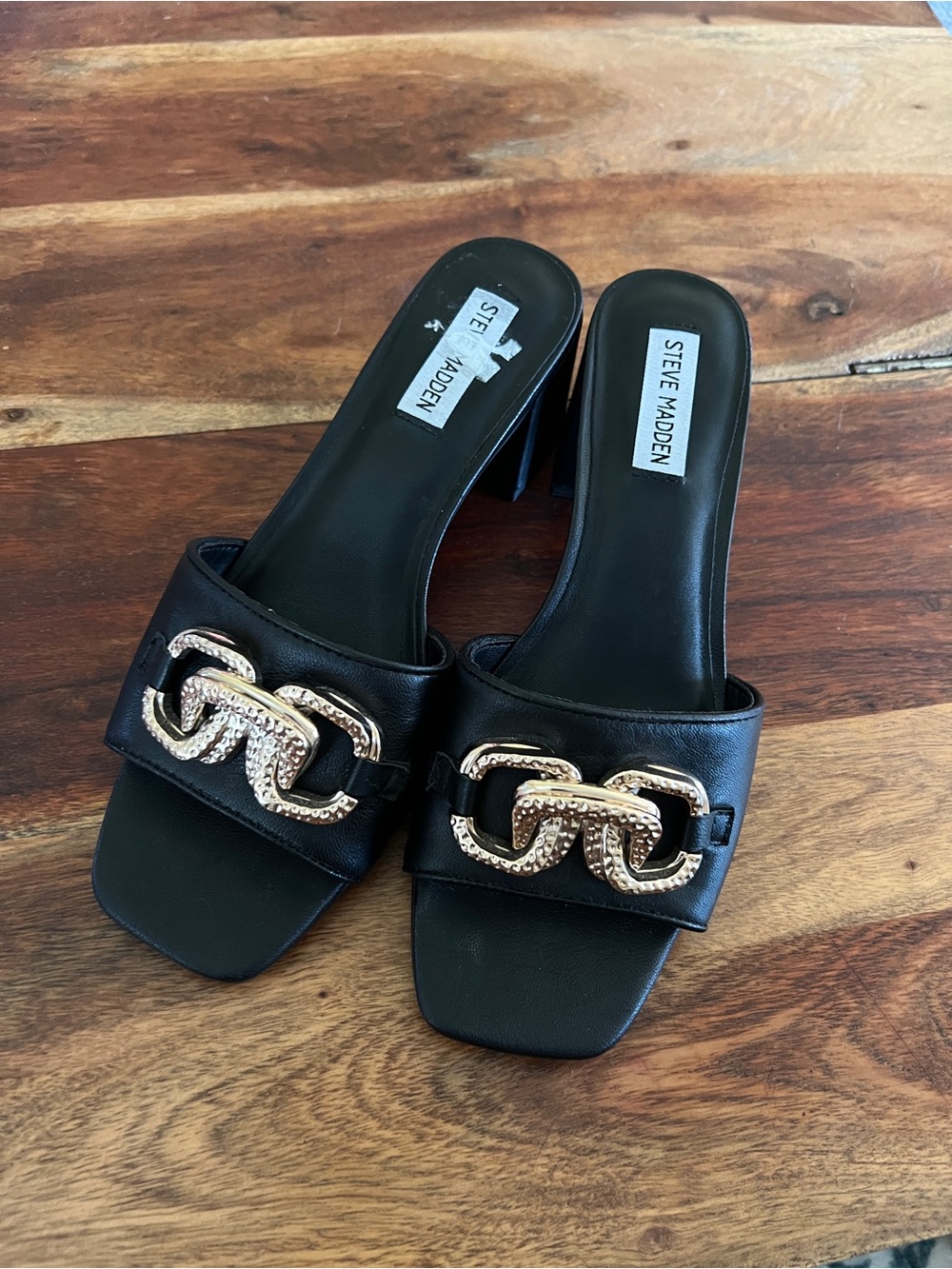 Steve Madden Black Mule Sandals with Gold Chain Detail